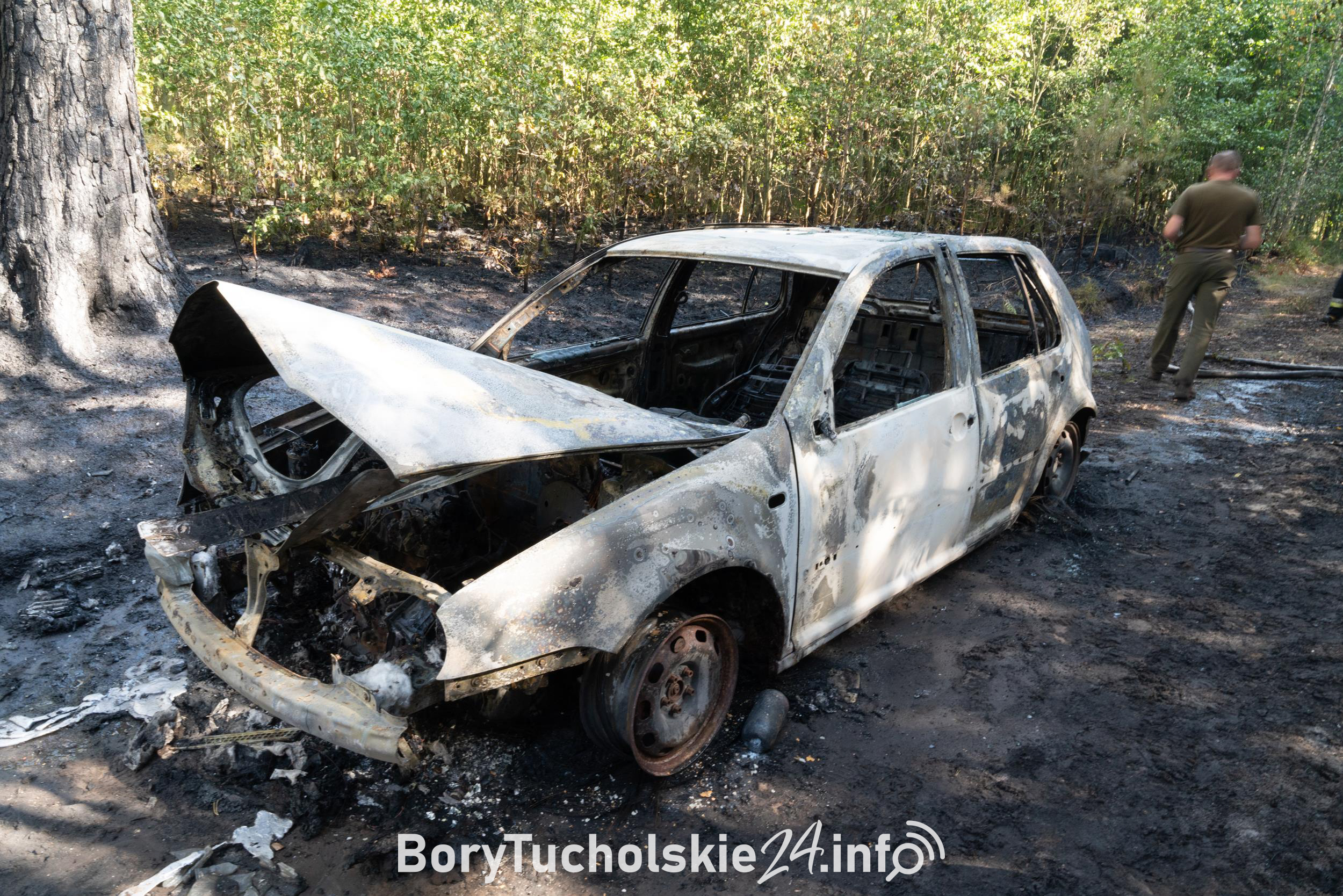 Pożar auta w lesie