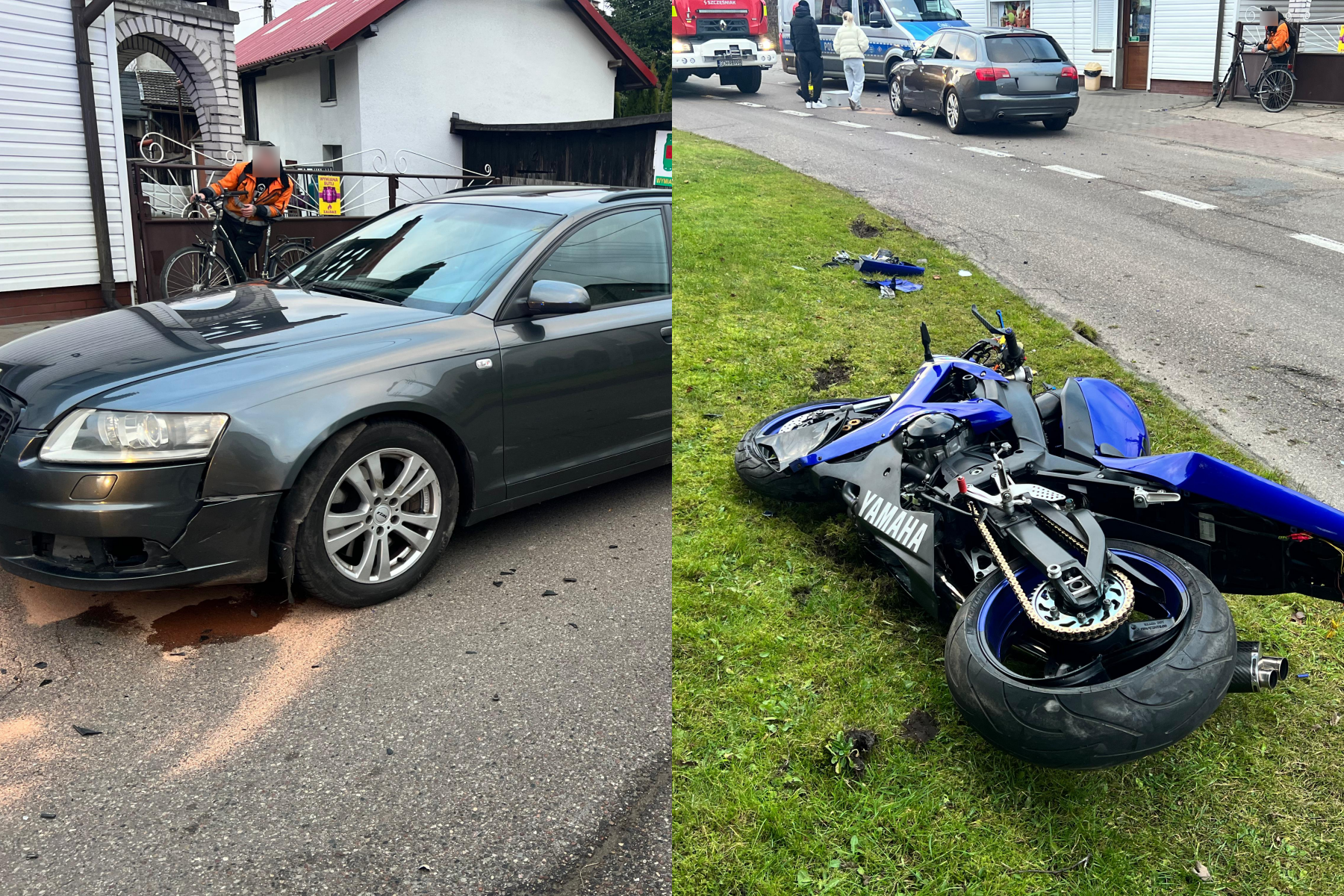 Zderzenie auta i motocykla w Łęgu. Motocyklista jechał na jednym kole i bez kasku? (FOTO, WIDEO)