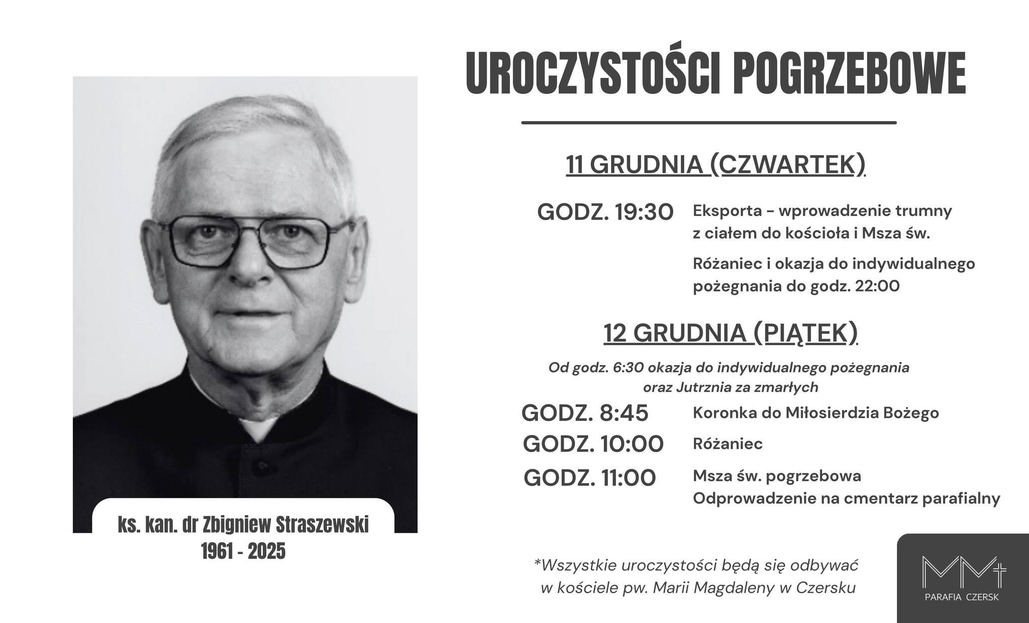 Uroczystości pogrzebowe śp. ks. proboszcza Zbigniewa Straszewskiego – harmonogram nabożeństw