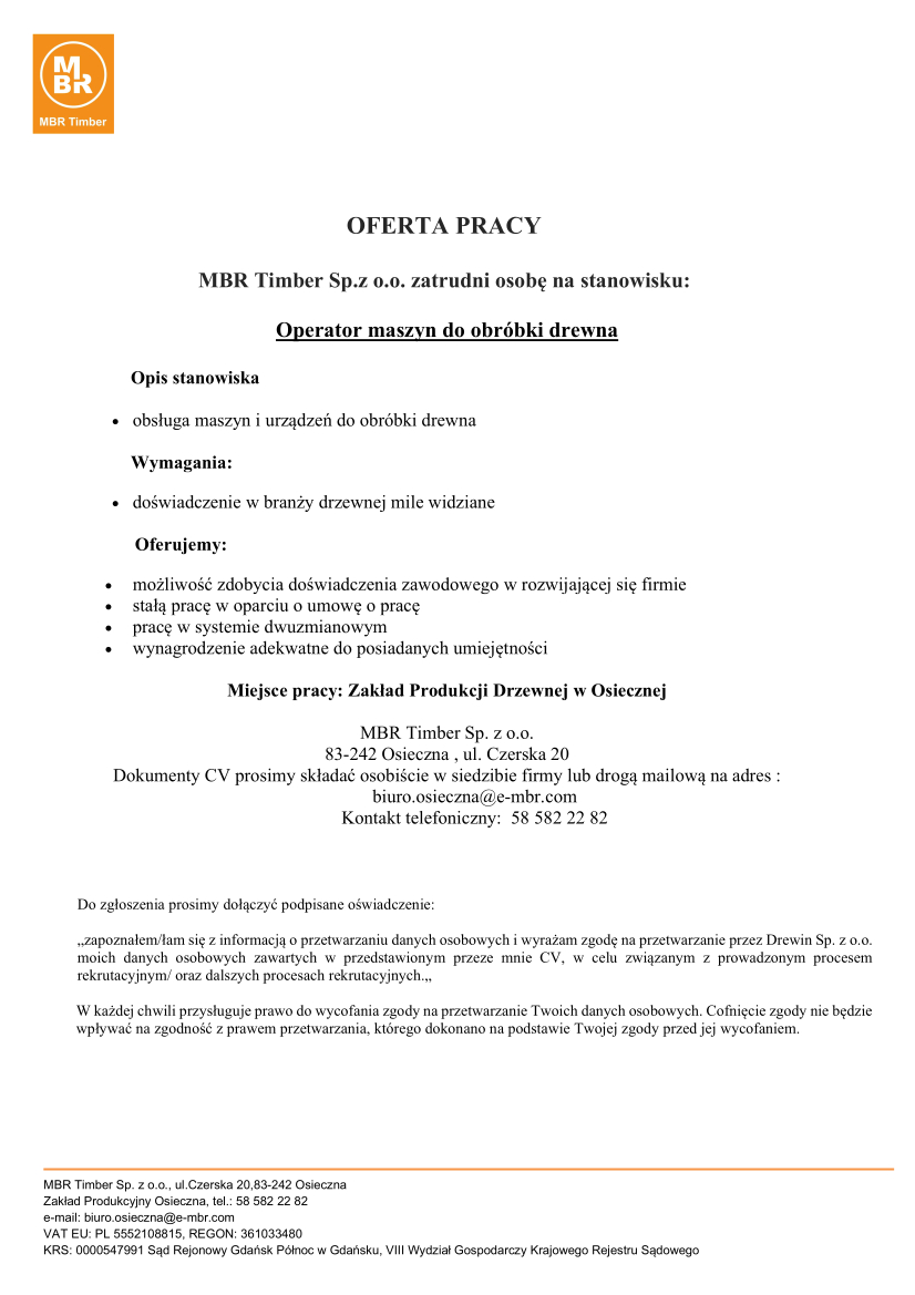 Oferta pracy MBR Timber Osieczna 