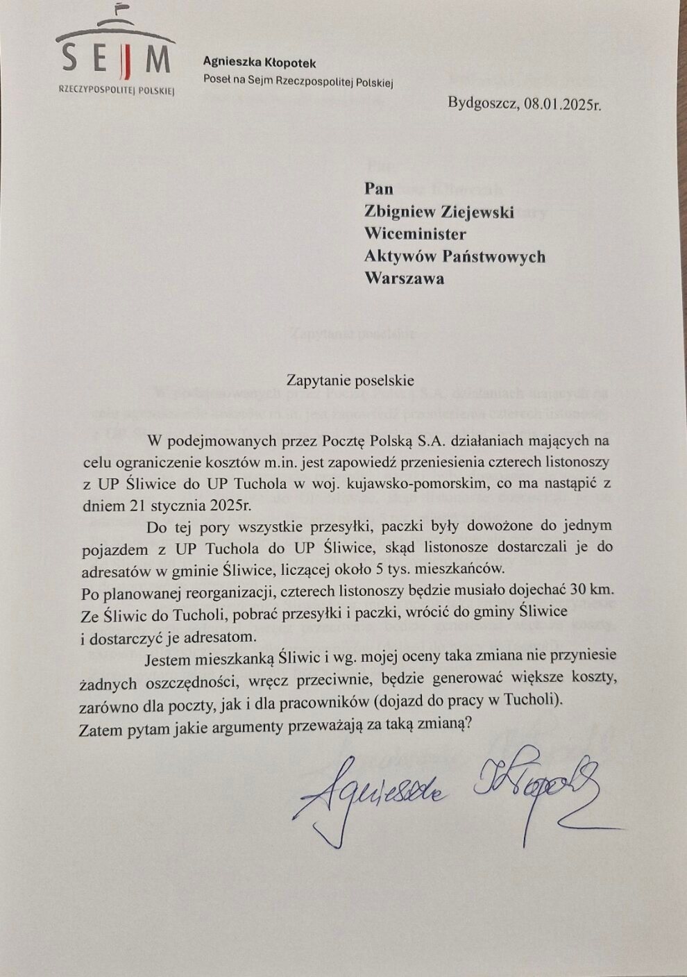 Poczta Śliwice reorganizacja likwidacja