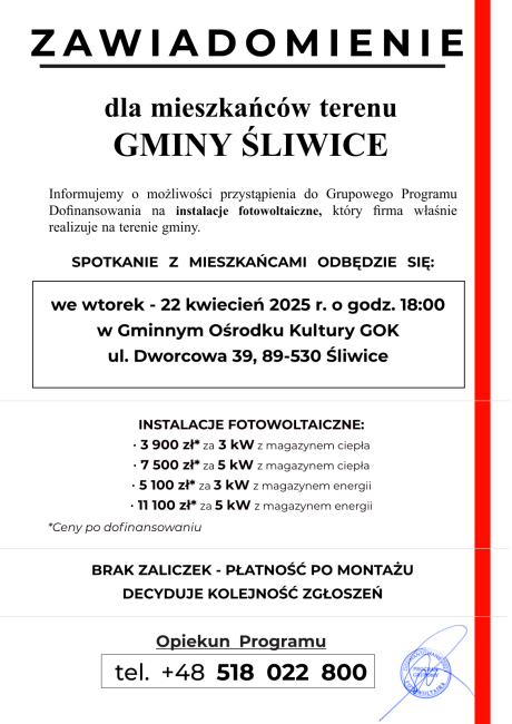 Zawiadomienie dla mieszkańców gminy Śliwice