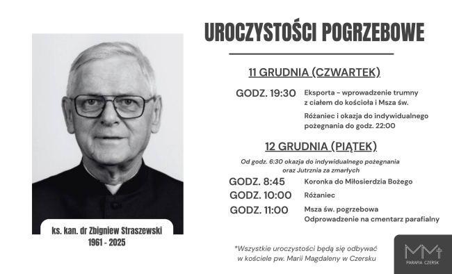Uroczystości pogrzebowe śp. ks. proboszcza Zbigniewa Straszewskiego – harmonogram nabożeństw