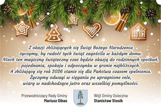 Życzenia świąteczne od Wójta Gminy Osieczna i Przewodniczącego Rady Gminy