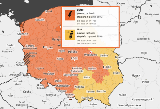 IMGW wydało ostrzeżenia dla powiatów tucholskiego i chojnickiego. Upał oraz burze z ulewami i silnym wiatrem